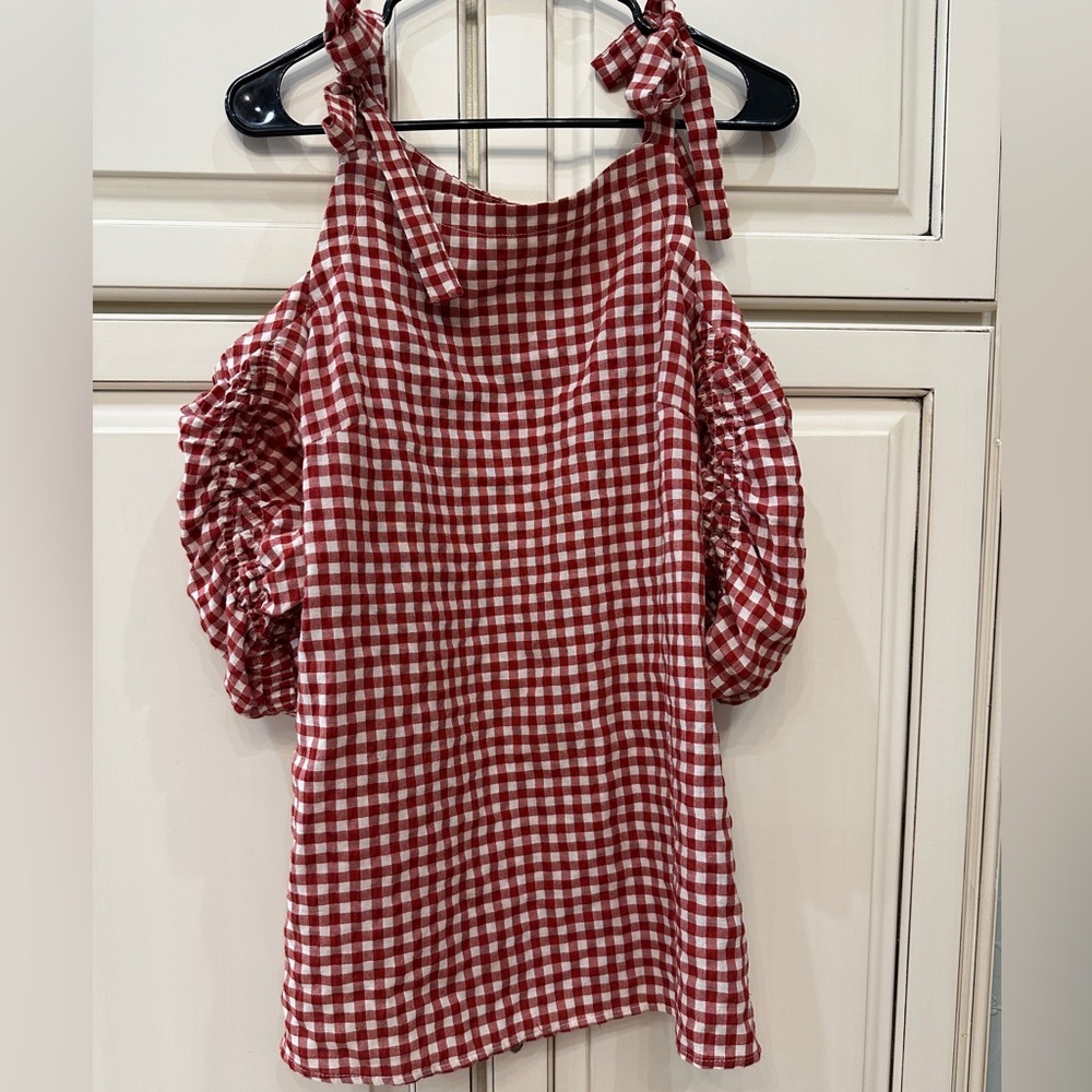 Easel Red Gingham Cold Shoulder Blouse
